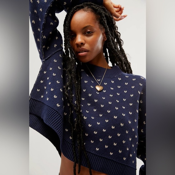 Free People Patterned Easy Street Crop Top in Navy Blue - Picture 2 of 7